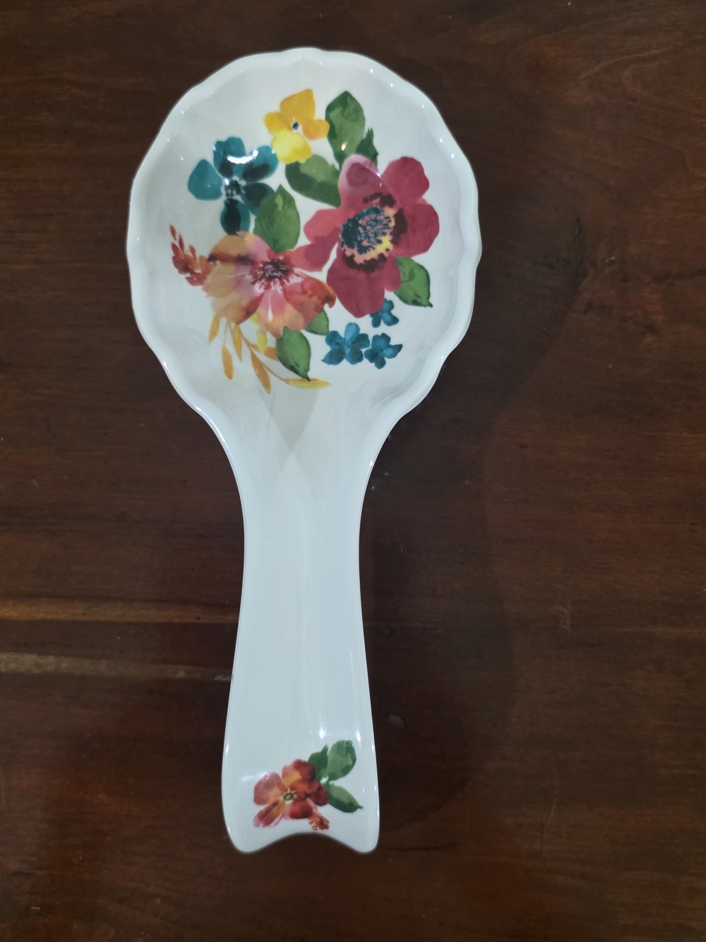 The Pioneer Woman White Ceramic Spoon Rest with Multicolor Floral Accents